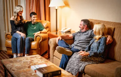 Group enjoys hanging out in a hotel room at Little River Casino Resort